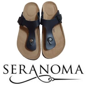 Seranoma Faux Leather Thong Cork Sandals Navy Blue NWOT